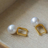 Round Baroque Pearl Square Hoops Earrings