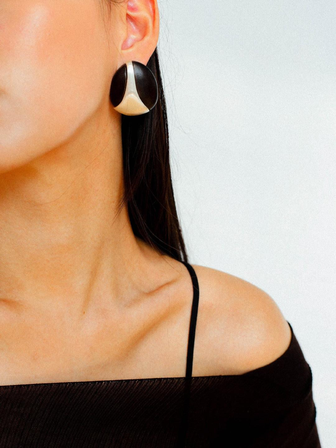 Sandalwood and Metal Brushed Stud Earrings - Gembea Jewelry