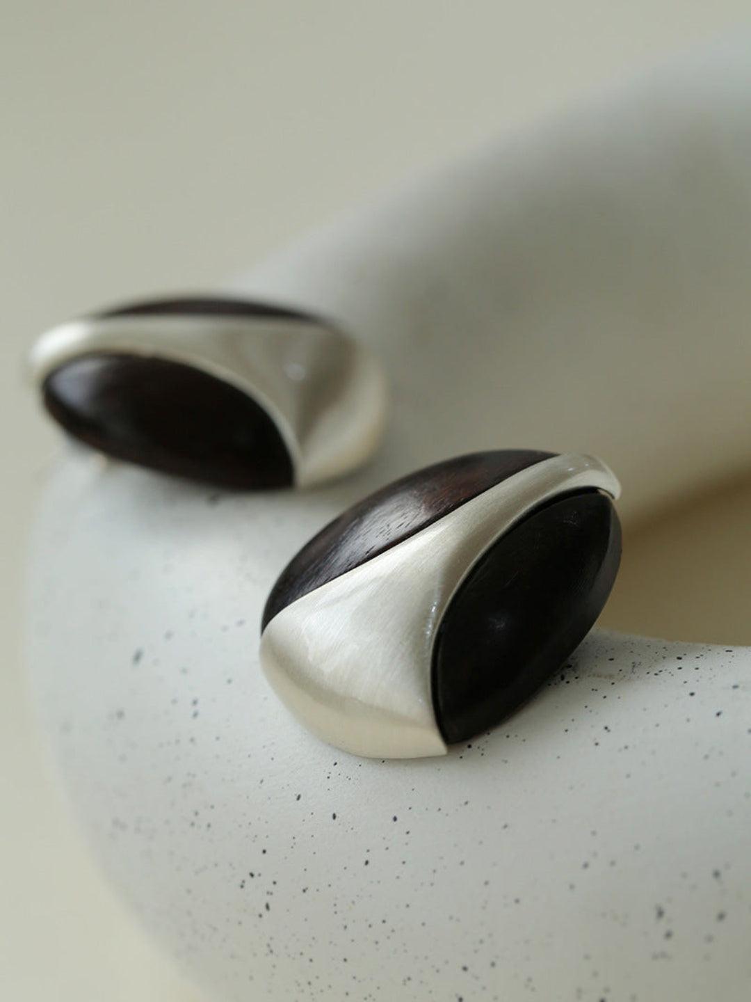 Sandalwood and Metal Brushed Stud Earrings - Gembea Jewelry