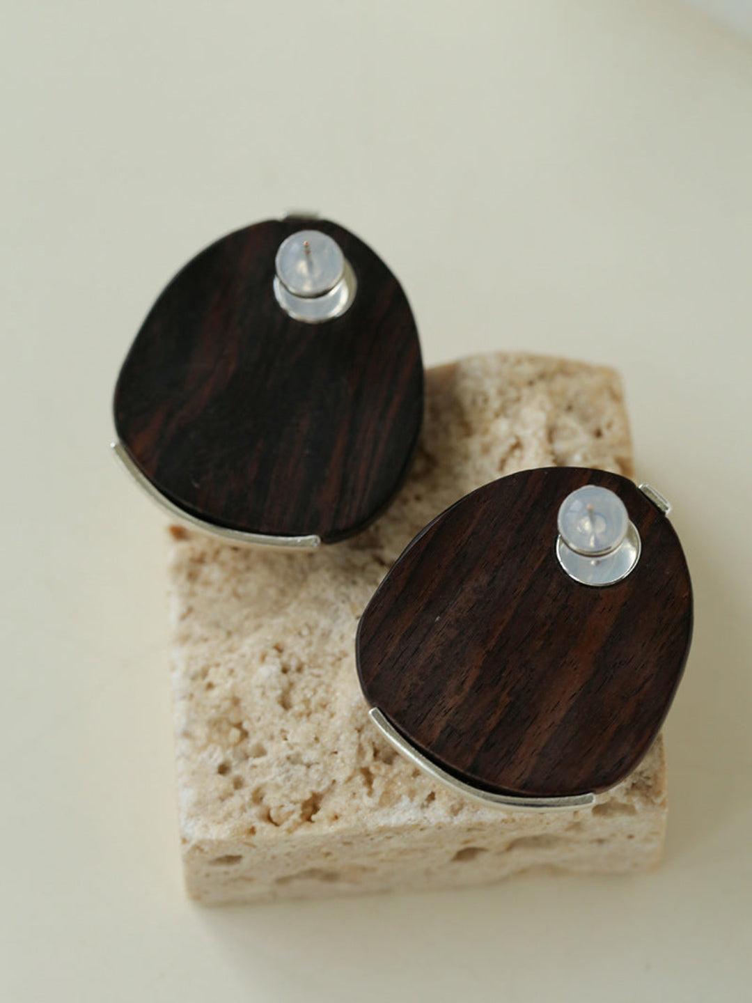 Sandalwood and Metal Brushed Stud Earrings - Gembea Jewelry