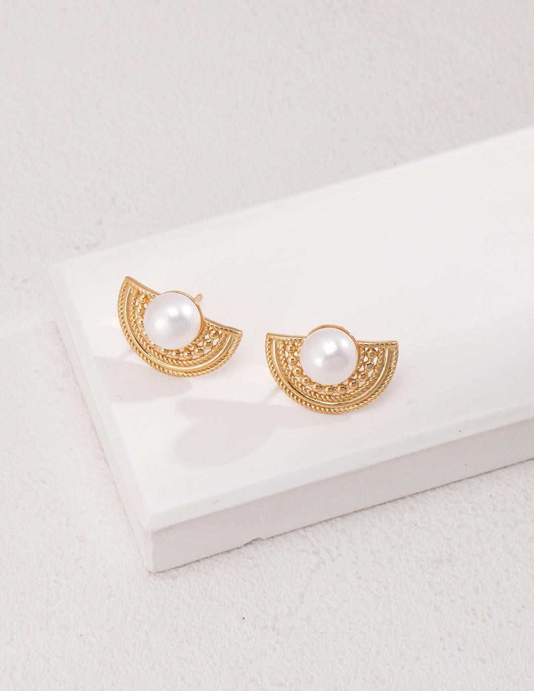 Semi-round Fan-shaped Pearl Stud Earrings - Gembea Jewelry