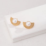 Semi-round Fan-shaped Pearl Stud Earrings - Gembea Jewelry