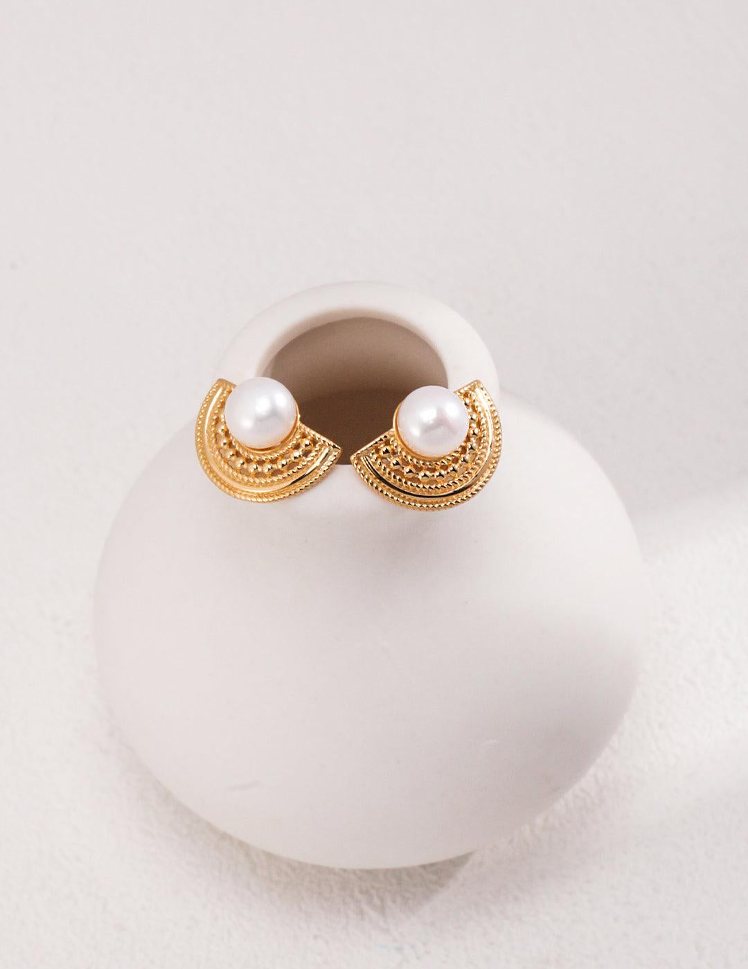 Semi-round Fan-shaped Pearl Stud Earrings - Gembea Jewelry