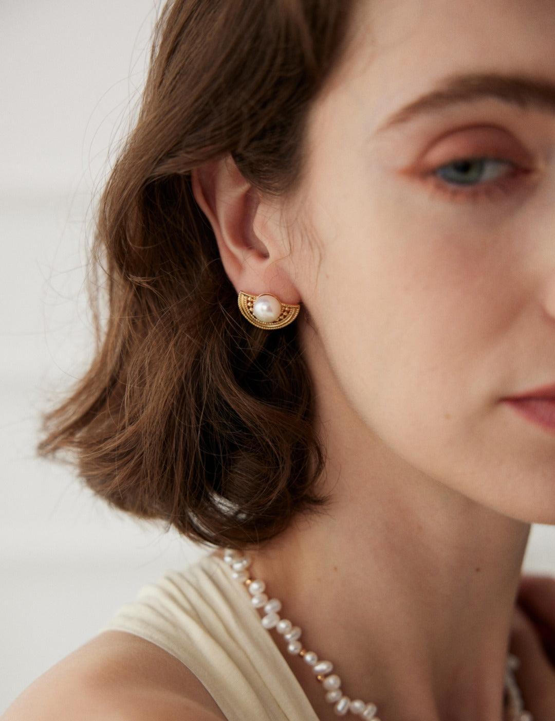 Semi-round Fan-shaped Pearl Stud Earrings - Gembea Jewelry