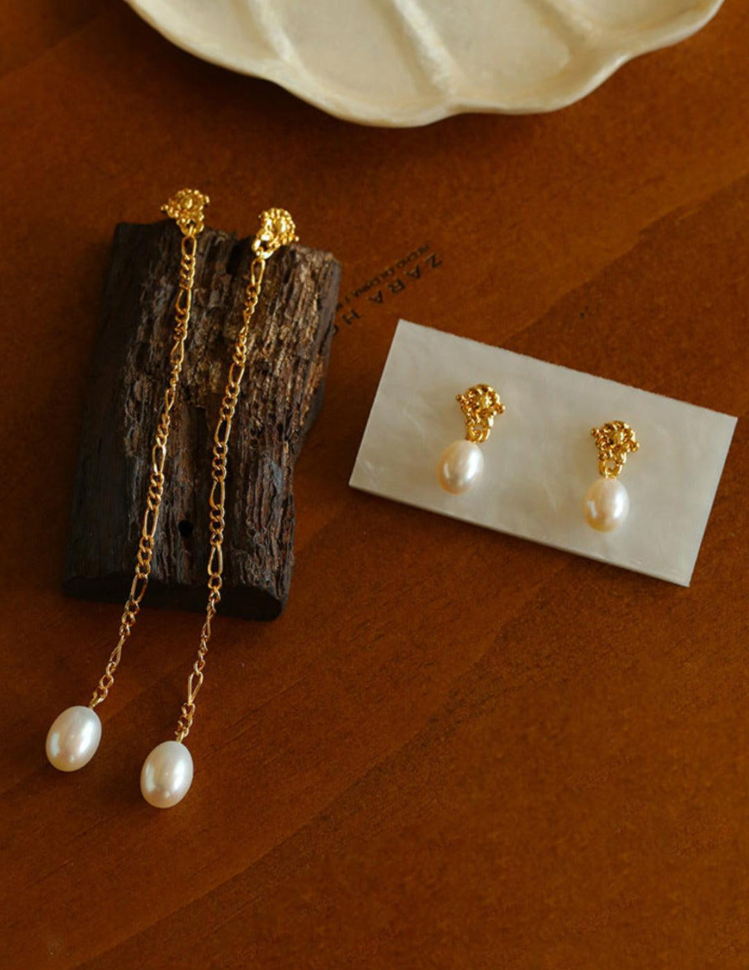 Simple Oval Pearl Long Drop Earrings - Gembea Jewelry