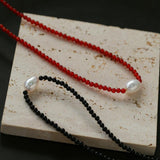 Single Pearl Black Red Agate Beaded Necklace - Gembea Jewelry