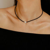 Single Pearl Black Red Agate Beaded Necklace - Gembea Jewelry