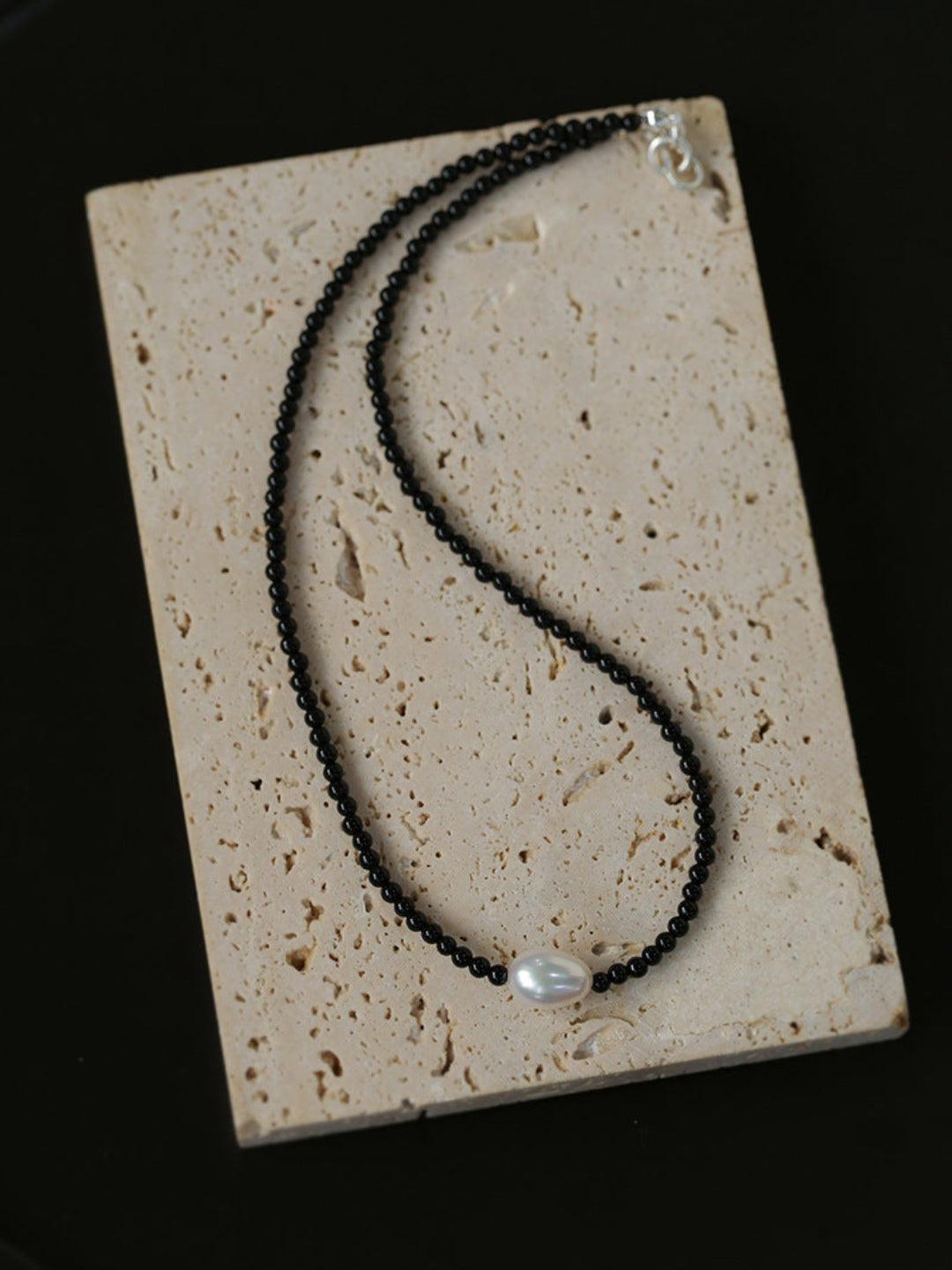 Single Pearl Black Red Agate Beaded Necklace - Gembea Jewelry