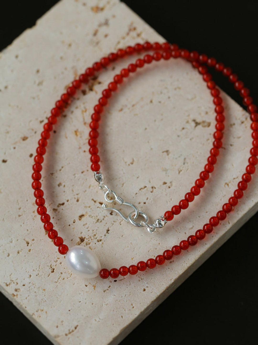 Single Pearl Black Red Agate Beaded Necklace - Gembea Jewelry