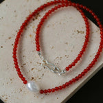 Single Pearl Black Red Agate Beaded Necklace - Gembea Jewelry