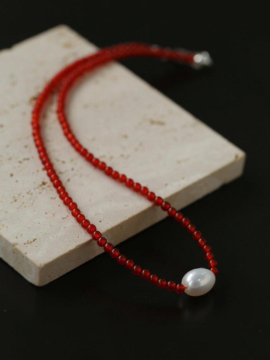 Single Pearl Black Red Agate Beaded Necklace - Gembea Jewelry