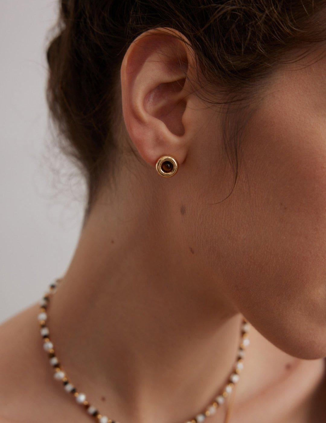 Small Round Tiger Eye Gemstone Earrings - Gembea Jewelry