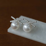 Sparkling X-Shaped Pearl Stud Earrings gembea jewelry