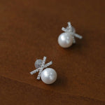Sparkling X-Shaped Pearl Stud Earrings gembea jewelry