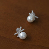 Sparkling X-Shaped Pearl Stud Earrings gembea jewelry