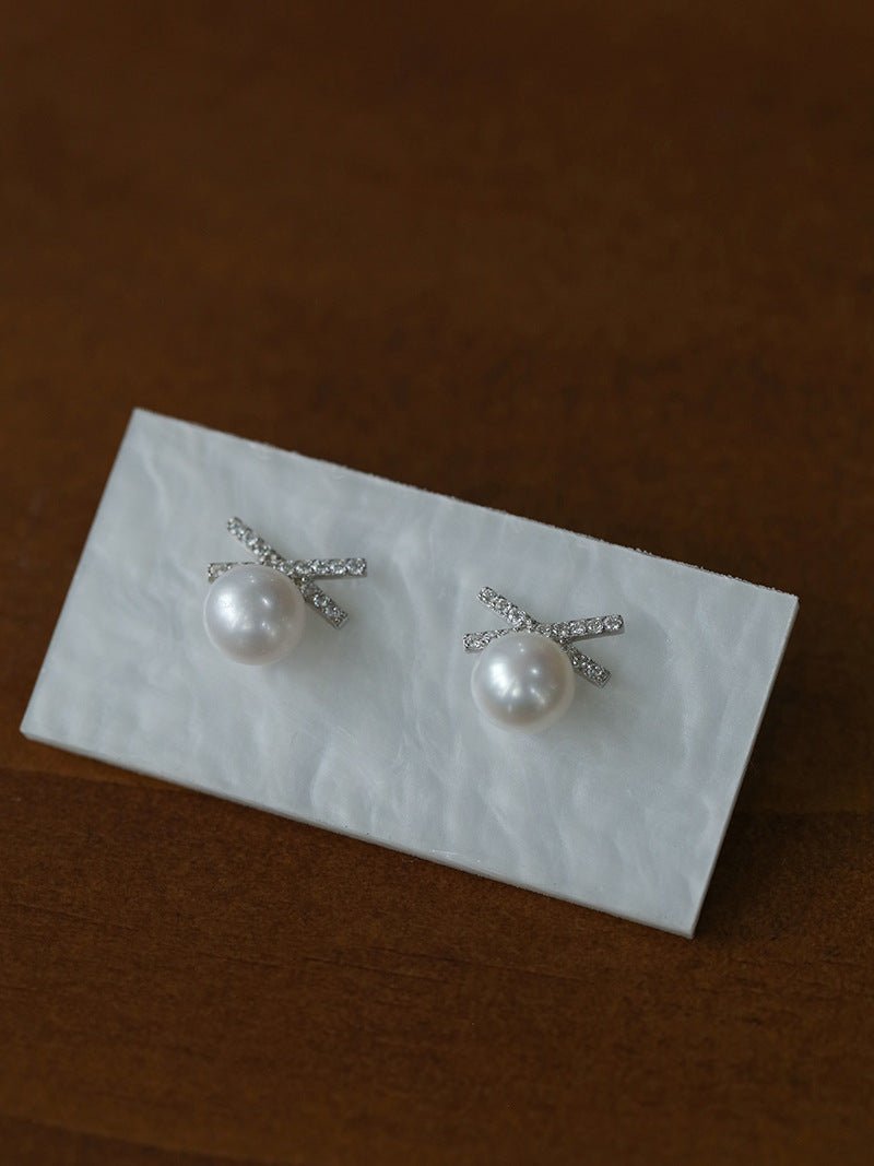 Sparkling X-Shaped Pearl Stud Earrings gembea jewelry