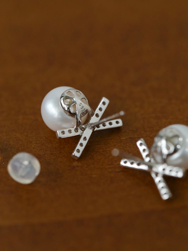 Sparkling X-Shaped Pearl Stud Earrings gembea jewelry