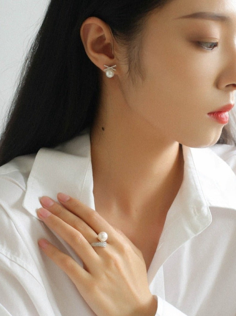 Sparkling X-Shaped Pearl Stud Earrings gembea jewelry
