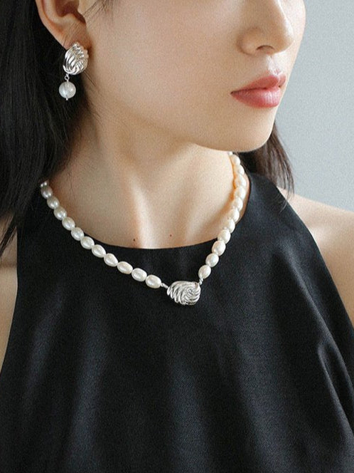 Spiral Metal Wind Stripe Pearl Drop Earrings gembea jewelry