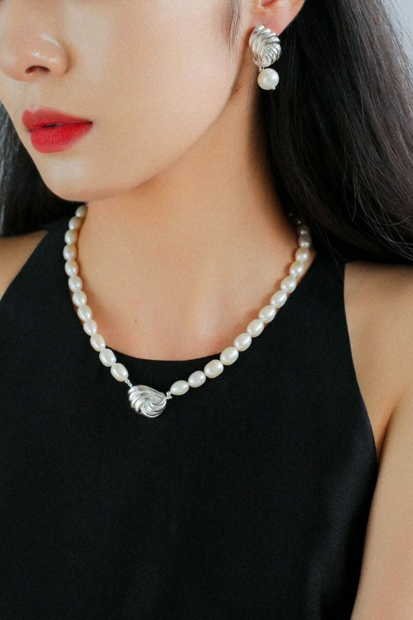 Spiral Metal Wind Stripe Pearl Drop Earrings gembea jewelry