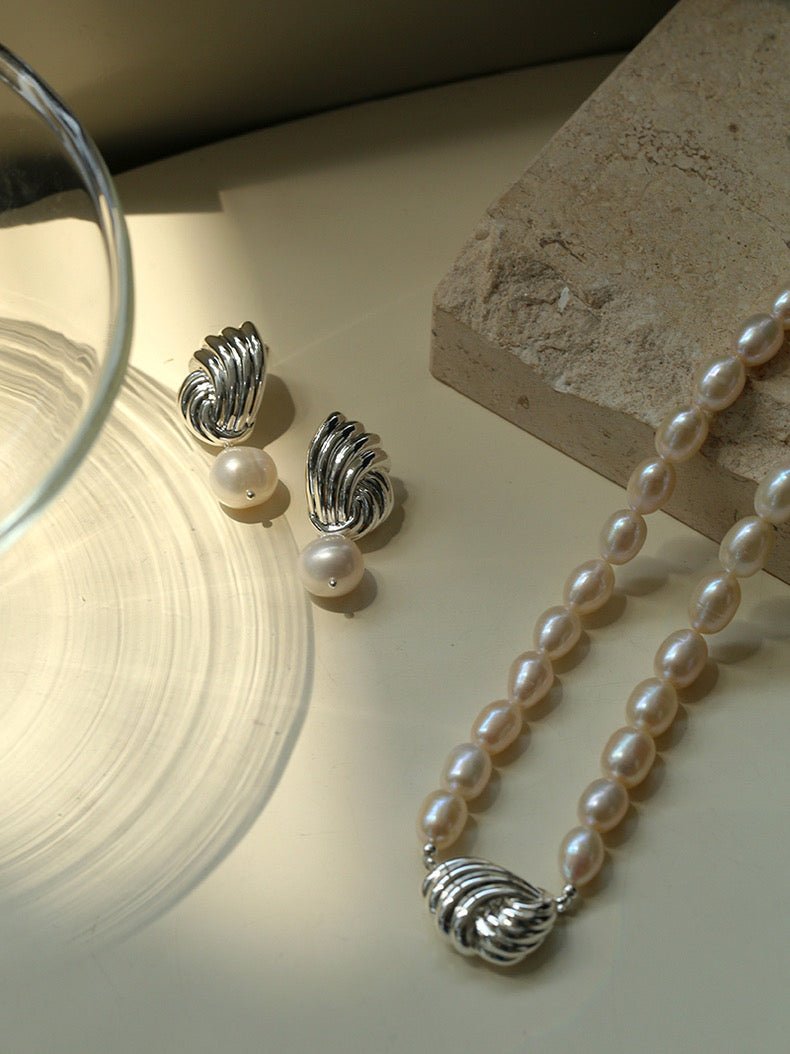 Spiral Metal Wind Stripe Pearl Drop Earrings gembea jewelry