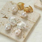 Spiral Striped Metal Baroque Pearl Drop Earrings - Gembea Jewelry