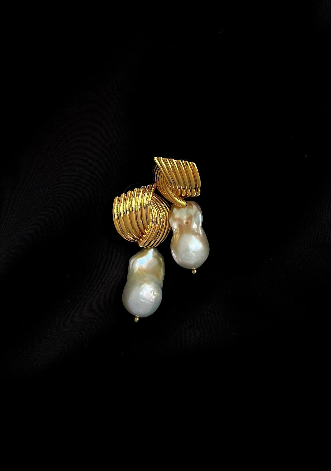 Spiral Striped Metallic Baroque Pearl Drop Earrings