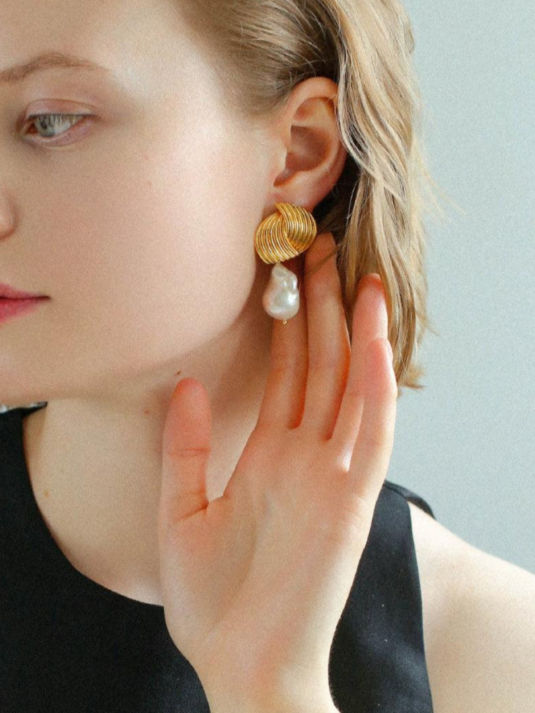 Spiral Striped Metal Baroque Pearl Drop Earrings - Gembea Jewelry