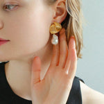 Spiral Striped Metal Baroque Pearl Drop Earrings - Gembea Jewelry