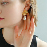 Spiral Striped Metal Baroque Pearl Drop Earrings - Gembea Jewelry