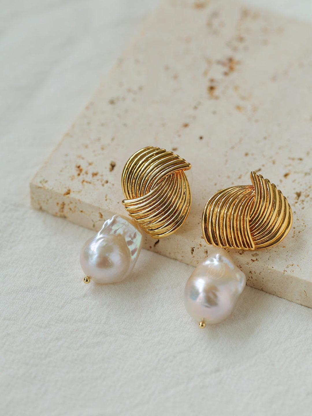Spiral Striped Metal Baroque Pearl Drop Earrings - Gembea Jewelry