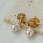 Spiral Striped Metal Baroque Pearl Drop Earrings - Gembea Jewelry