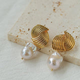 Spiral Striped Metal Baroque Pearl Drop Earrings - Gembea Jewelry