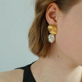 Spiral Striped Metal Baroque Pearl Drop Earrings - Gembea Jewelry