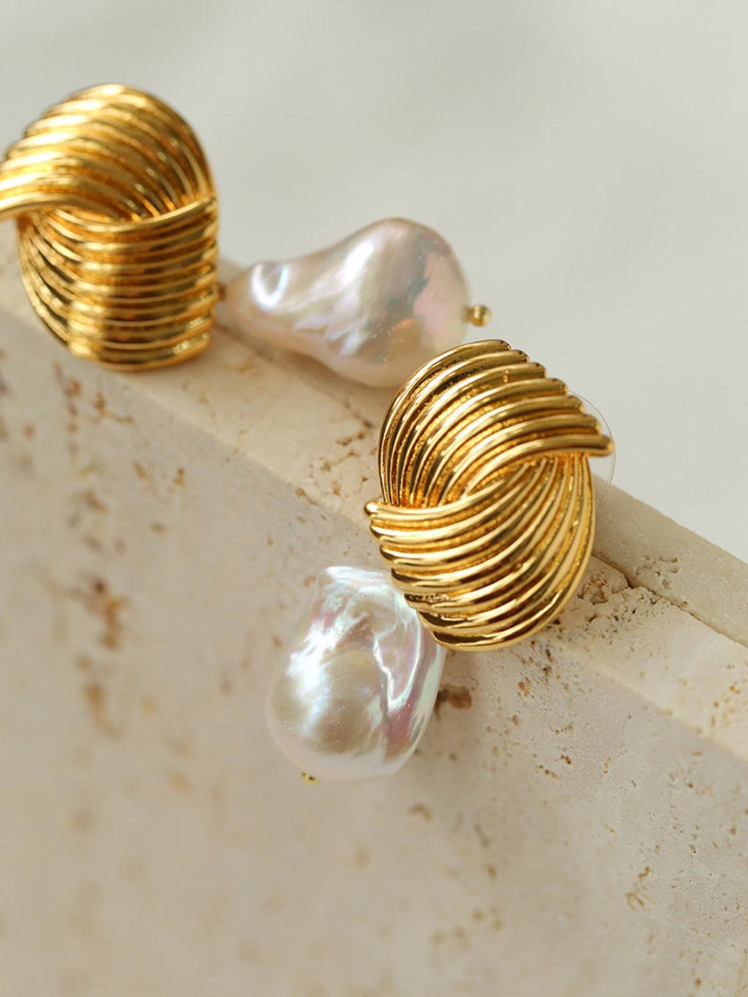 Spiral Striped Metal Baroque Pearl Drop Earrings - Gembea Jewelry