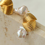 Spiral Striped Metal Baroque Pearl Drop Earrings - Gembea Jewelry