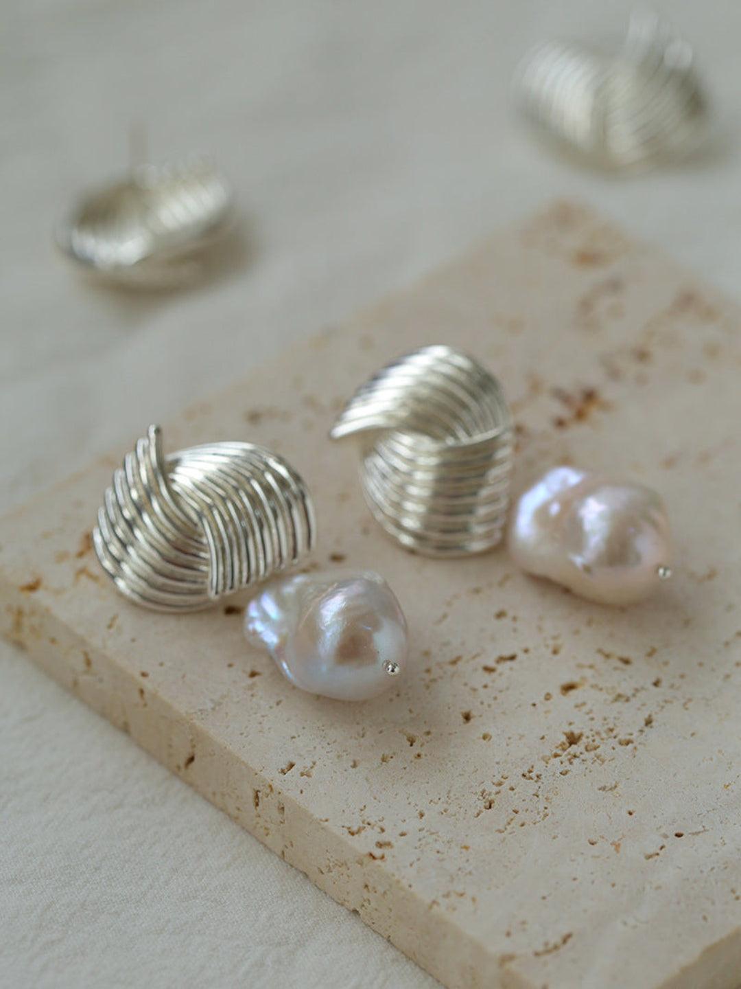 Spiral Striped Metal Baroque Pearl Drop Earrings - Gembea Jewelry