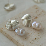 Spiral Striped Metal Baroque Pearl Drop Earrings - Gembea Jewelry