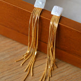 Square Baroque Pearl Gold Tassel Earrings-Gembea Jewelry