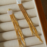 Square Baroque Pearl Gold Tassel Earrings-Gembea Jewelry