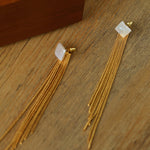 Square Baroque Pearl Gold Tassel Earrings-Gembea Jewelry