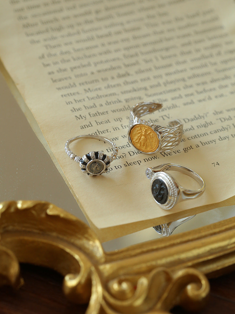 Style E Vintage Narcissus Black White Coins Ring-Gembea Jewelry