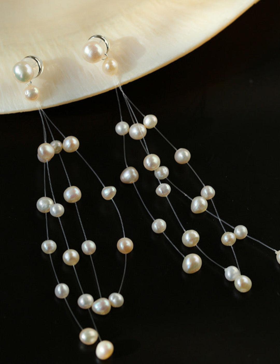 Suspended Handmade Invisible Thread Pearl Earrings - Gembea Jewelry