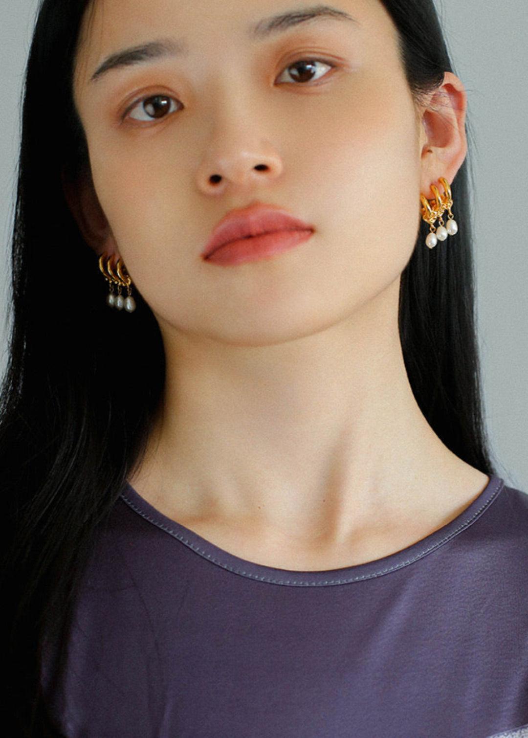 Three Hoops Natural Pearl Pendant Earrings - Gembea Jewelry