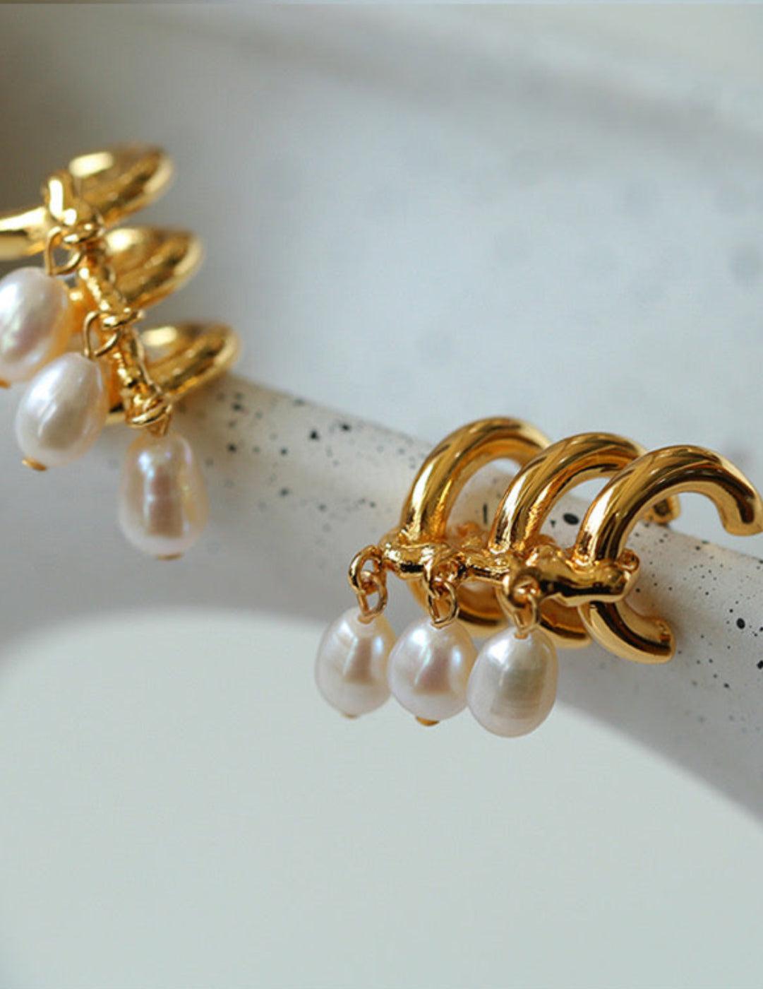 Three Hoops Natural Pearl Pendant Earrings - Gembea Jewelry