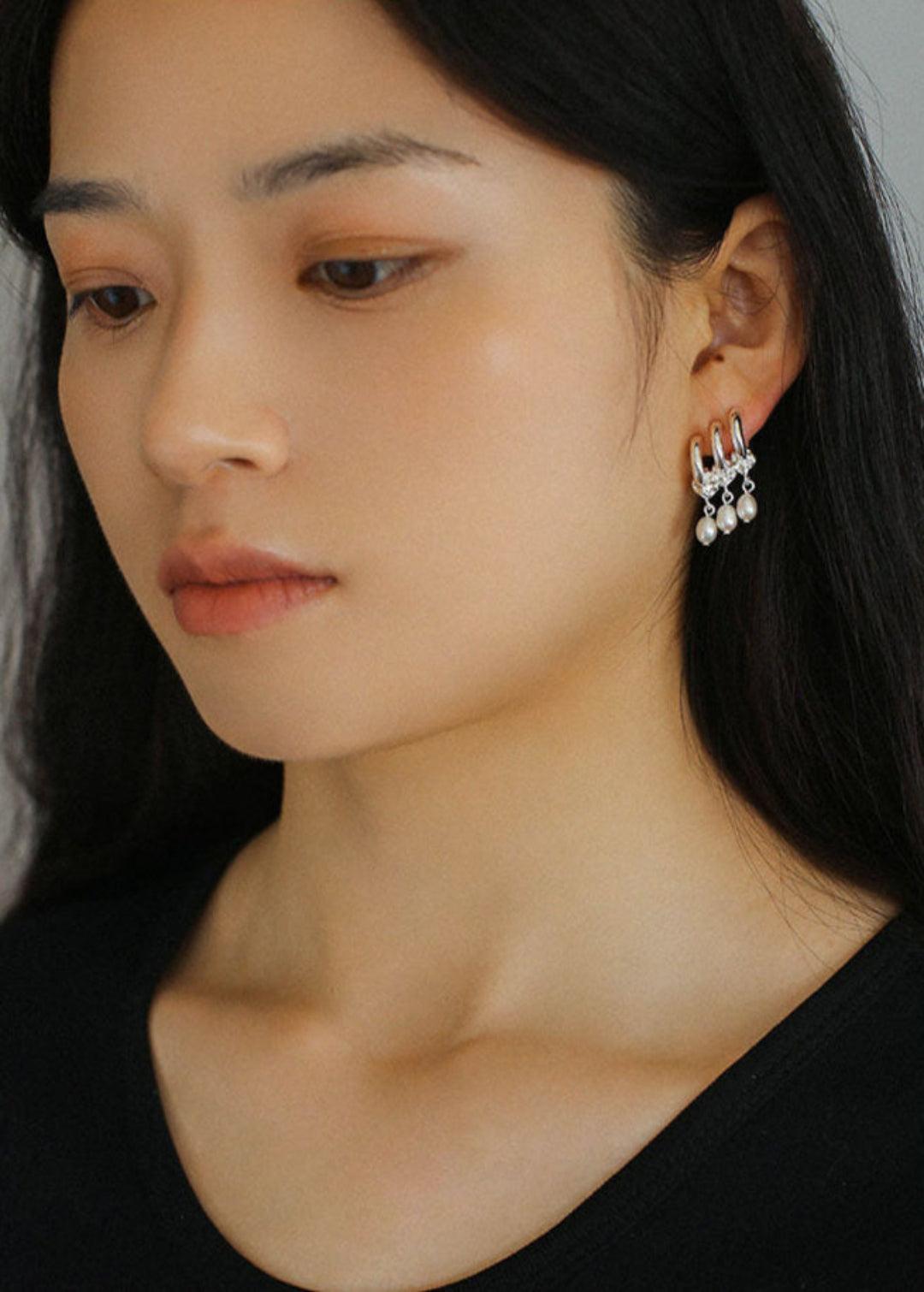 Three Hoops Natural Pearl Pendant Earrings - Gembea Jewelry