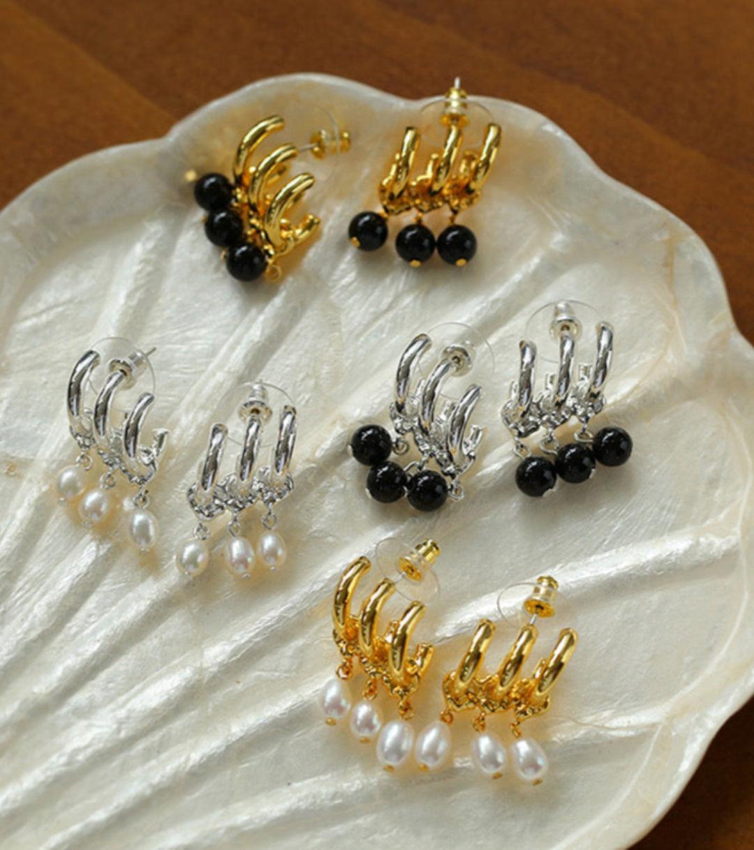 Three Hoops Natural Pearl Pendant Earrings - Gembea Jewelry