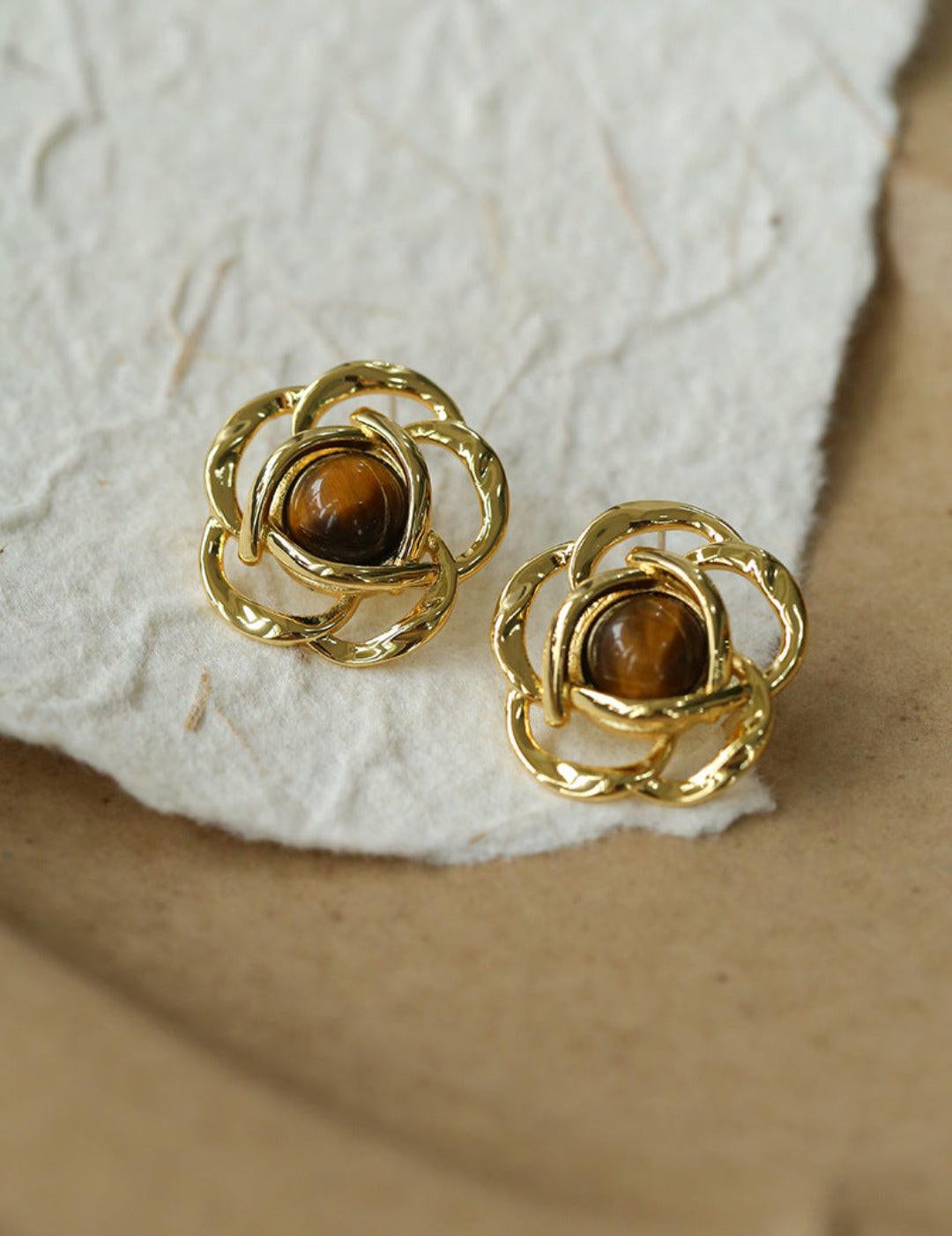Tiger Eye Gemstone Camellia Earrings - Gembea Jewelry