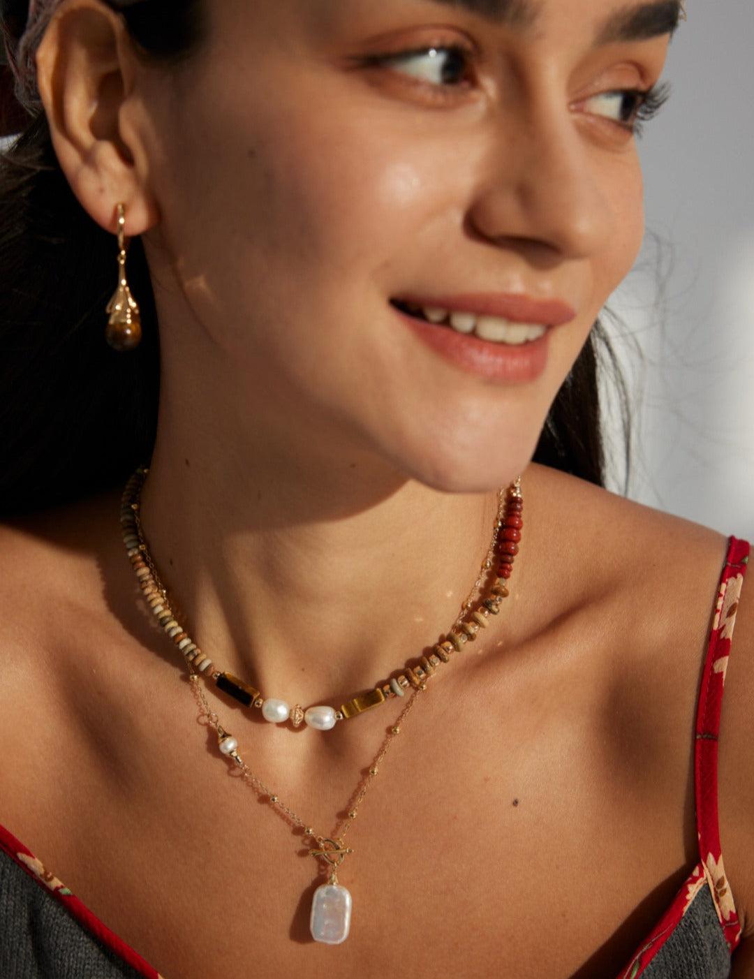 Tiger Eye Stone Red Stone Beaded Pearl Necklace - Gembea Jewelry