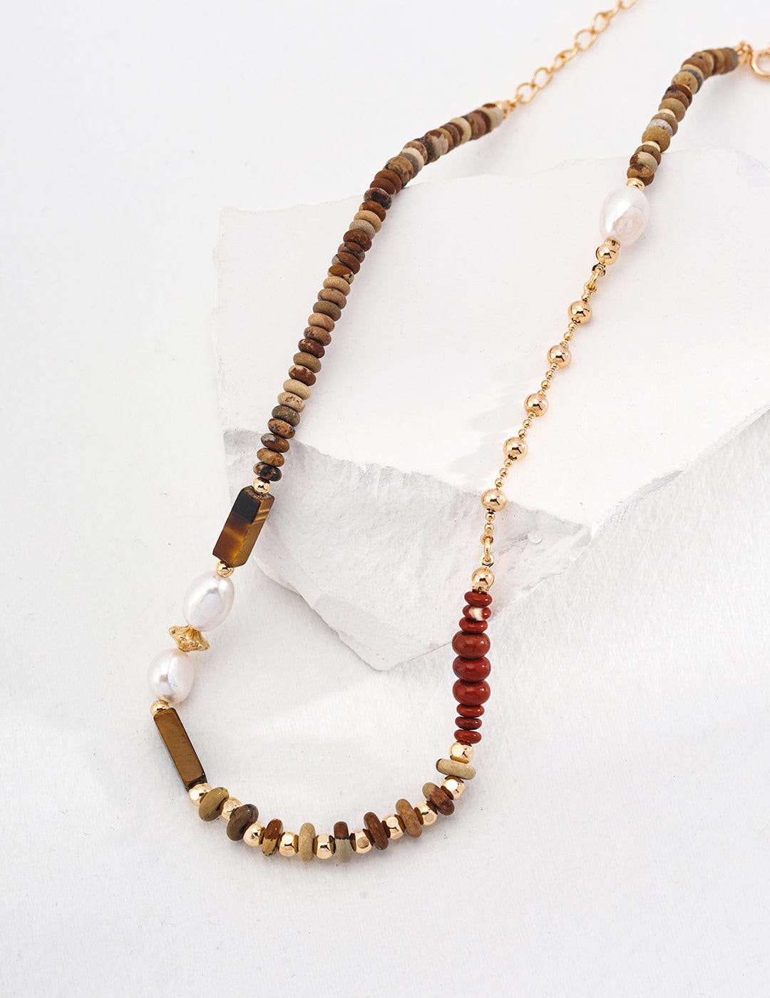Tiger Eye Stone Red Stone Beaded Pearl Necklace - Gembea Jewelry